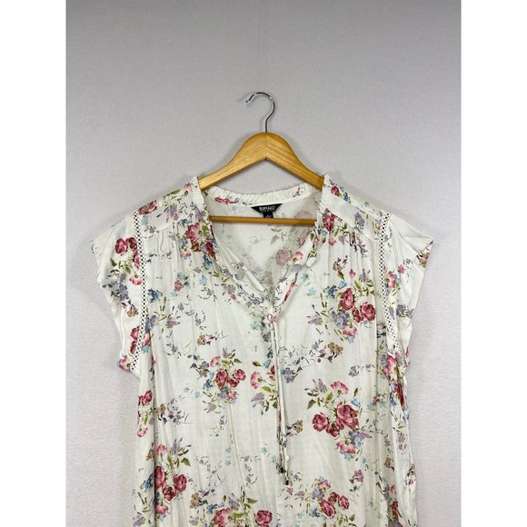 Buffalo David Bitton Floral Blouse Womens Size L Short Sleeve Tie Neck Top - Picture 4 of 8
